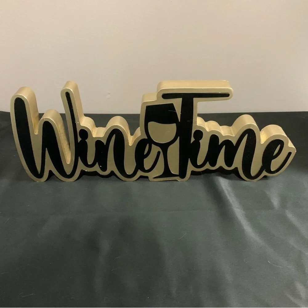 Wine Time Black & Gold Tabletop Sign | Bar Cart Decor Wine Lover Gift
